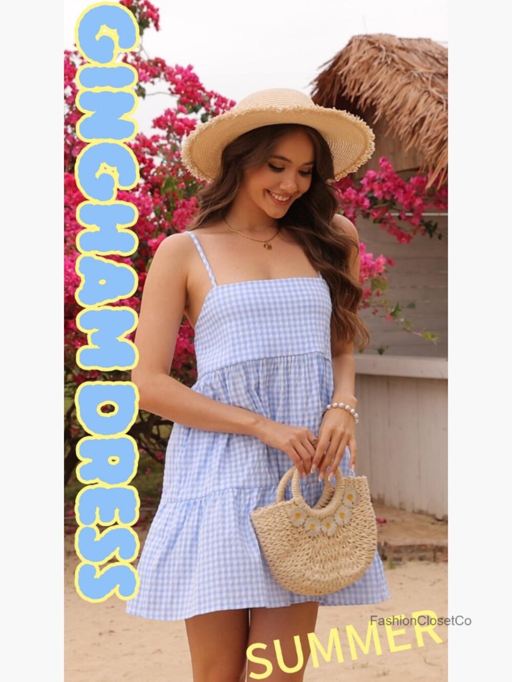 Gingham Mini Dress with Pockets, Spaghetti Strap A-Line Sundress - Picture 6 of 6